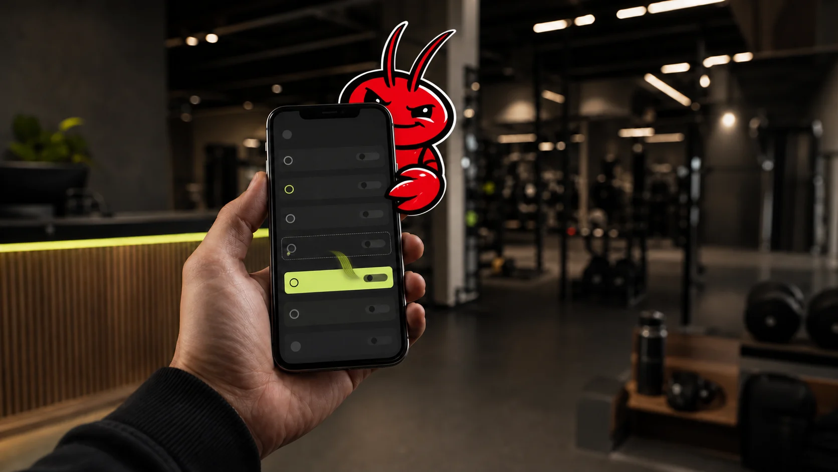 De OpenClaw-mascotte verschijnt achter een telefoon met reserveringen van een sportschool